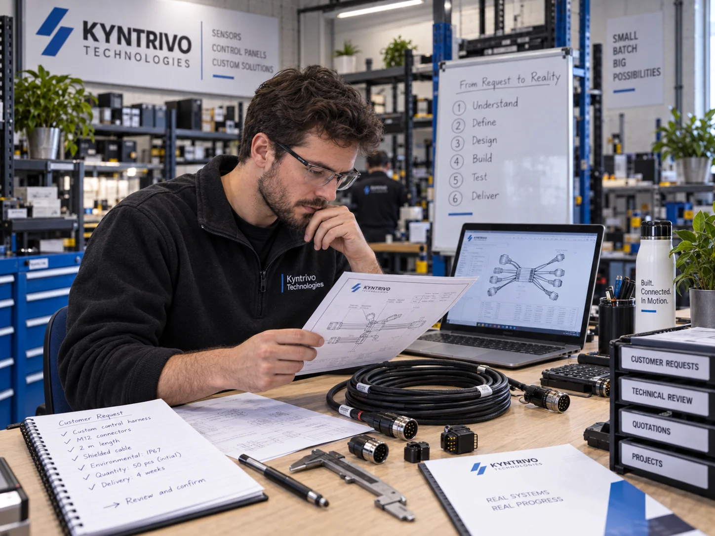 Engineer reviewing cable documentation and parts at Kyntrivo