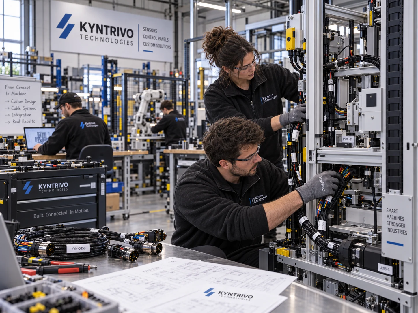 Technicians integrating cable systems on an industrial automation machine
