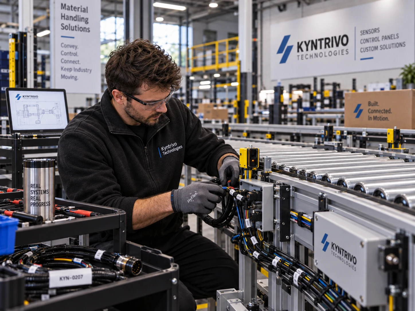 Technician assembling conveyor and material handling equipment wiring