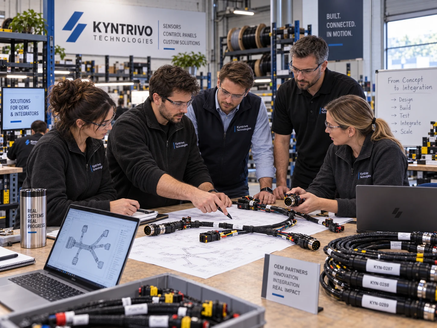 Engineering team reviewing cable harnesses for OEM and system integration projects