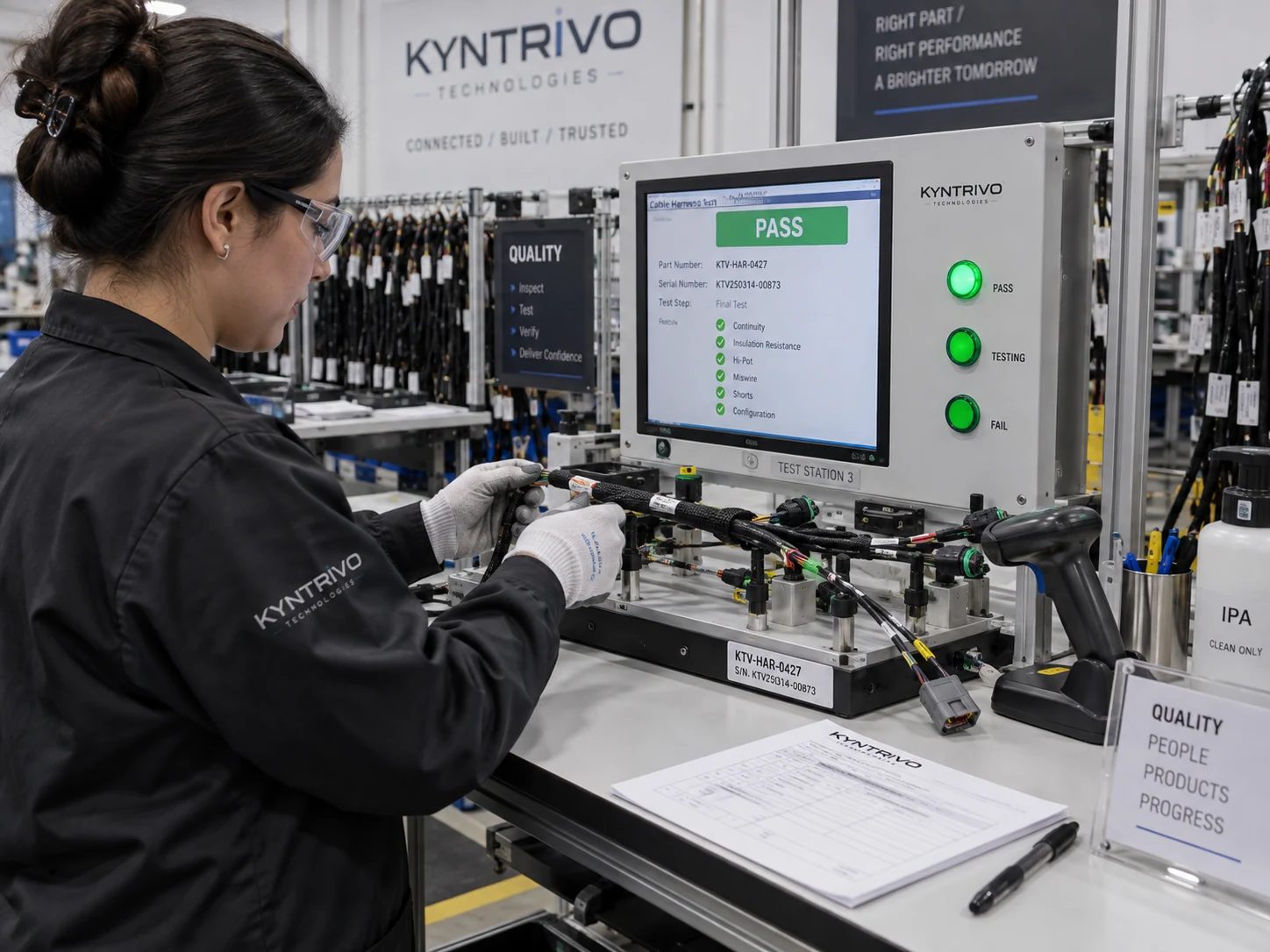 Electrical verification and test station for industrial cable assemblies